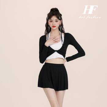 長袖分體性感裙式三件套掛脖泳衣女款泡溫泉高階感2024新款保守裝