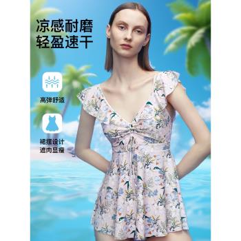 弈姿新款連體裙式泳衣女小胸性感甜美遮肚顯瘦泡溫泉度假泳裝