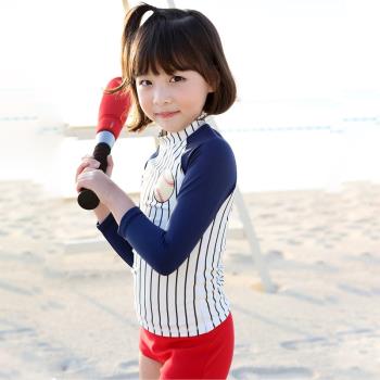 韓國兒童泳衣夏日長袖防曬時尚棒球寶貝女童分體顯瘦三件套游泳裝