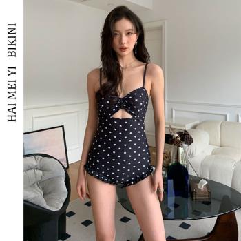 海美逸新款連體泳衣女韓國ins小胸顯瘦遮肚波點溫泉度假游泳裝