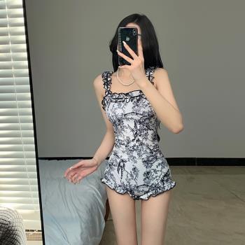 新中風水墨畫國潮溫泉泳衣女顯瘦遮肚連體荷葉邊韓國ins風泳裝