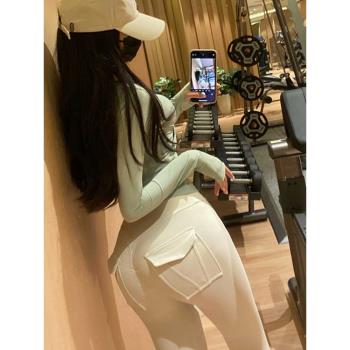 健身褲女蜜桃提臀口袋蜜桃褲訓練工裝運動白色瑜伽褲性感秋冬新款