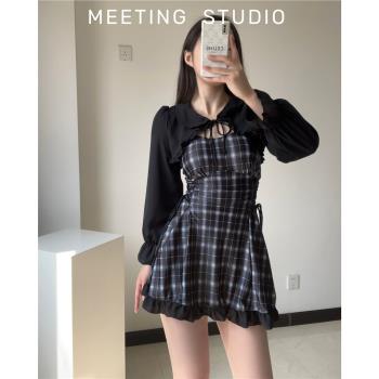 溫泉泳衣女2024新款保守韓國ins連體長袖高腰裙式遮肉顯瘦帶罩衫