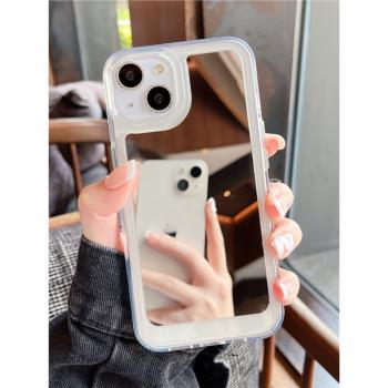 新款小香風iPhone15手機殼補妝鏡面14promax透明蘋果13帶鏡子12女款11防摔XR軟殼保護套高階感適用