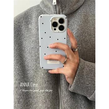 ANNACASE韓國ins少女清新藍黑小波點標簽手機殼適用於iPhone15promax新款16promax蘋果13全包12防摔保護套14