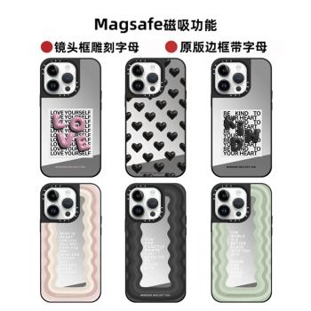 Magsafe磁吸INS新款CASE波浪紋勵志英文語錄16Pro手機殼適用蘋果15ProMax鏡面黑邊框iPhone13小眾14Pro保護套