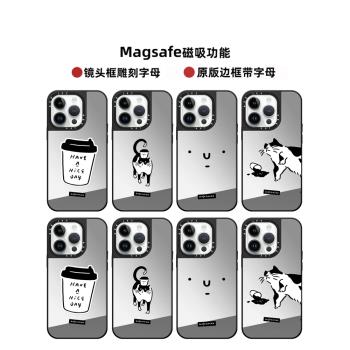 鏡頭框折疊支架Magsafe磁吸CASE聯名WHOSMiNG咖啡貓咪16ProMax手機殼適用15Pro鏡面iPhone14蘋果13防摔保護套