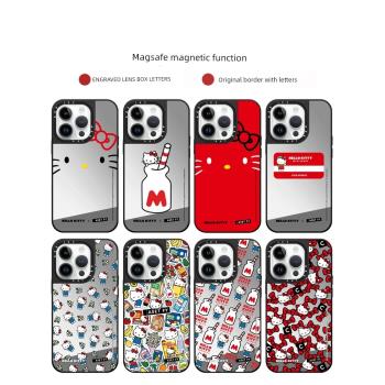 鏡頭框折疊支架Magsafe磁吸50週年HelloKitty凱蒂貓15Pro鏡面手機殼適用iPhone14ProMax蘋果13卡通可愛保護套
