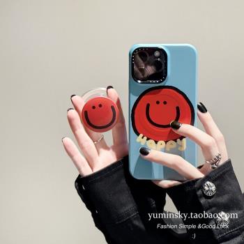 YUMIN SKY適用韓風Happy笑臉iPhone14promax蘋果15Pro手機殼13磁吸plus支架15男女款12Pro磨砂max防摔菲林殼