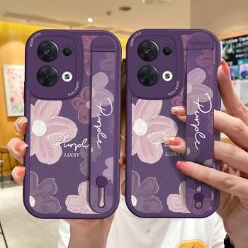 適用OPPOReno13手機殼紫色花朵Reno12Pro腕帶支架Reno10/119pro+日韓ins風套8女新款創意簡約全包軟矽膠防摔