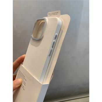 高階感大孔金屬鏡框珍珠白適用蘋果15手機殼荔枝紋iphone14promax全包防摔15pro新款15plus輕奢13女生12硬殼