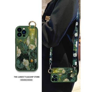適用蘋果16手機殼斜挎油畫玫瑰iphone15ProMax背帶13pro掛繩12手腕帶支架14套mini女11新款花朵plus矽膠全包