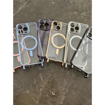 iPhone15手機殼可掛繩開孔16帶掛環磁吸電鍍透明適用蘋果15promax全包防摔14pro矽膠11雙掛孔保護套