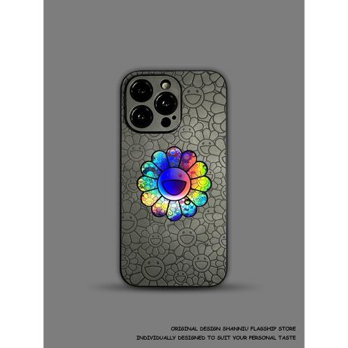 翻毛皮質村上隆太陽花iPhone16ProMax手機殼個性男女15Pro適用蘋果14pro創意鐳射13潮牌情侶12全包防摔保護套