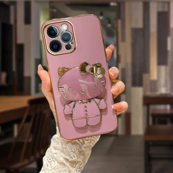 適用蘋果16手機殼iphone15凱蒂貓補妝鏡13pro新款11/12promax卡通XR折疊SE2支架xsmax矽膠7P防摔14plus保護套