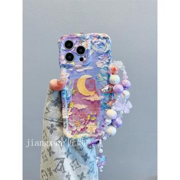 適用iPhone15手機殼13/14藍光油畫花朵月亮15promax蘋果14promax手鏈掛繩12高階感11女款15pro超火14pro軟套
