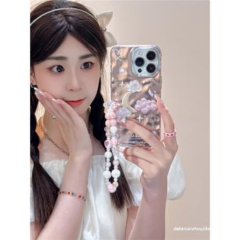 玫金色立體雲朵月亮適用蘋果15/16pro手機殼iphone14promax新款13女11全包防摔12pro網紅13pro珠子手鏈12褶皺