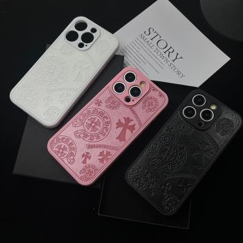 歐美潮牌克羅iPhone15手機殼皮質愛心14promax高階感蘋果13經典黑白色12pro情侶11男女款防摔全包保護套