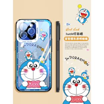 叮當貓蘋果15promax手機殼新款透明玻璃iphone14帶鏡頭膜13卡通可愛12時尚11創意plus小清新防摔pro高階感薄