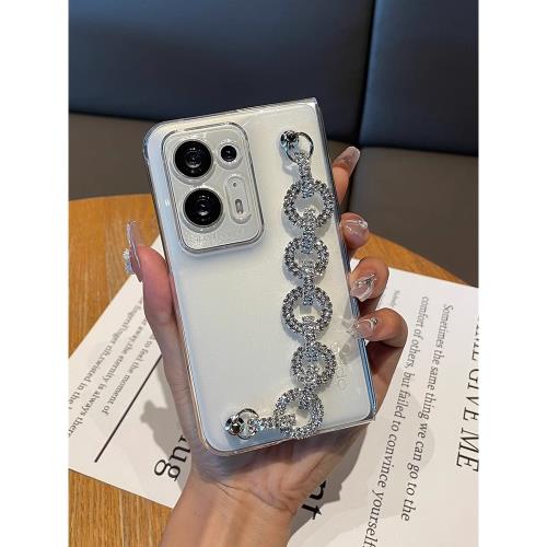 適用oppofindn2手機殼折疊屏新款女透明手提水鉆五環鏈超薄保護套小眾高級感簡約創意個性亞克力全包防摔外殼