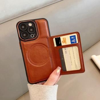 插卡卡包適用蘋果16plus手機殼iphone15pro磁吸充電14pmax可支架一體12promax卡殼11卡槽13放證件卡套卡夾iph