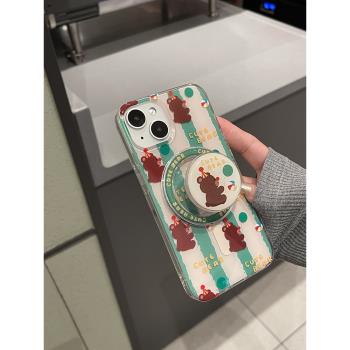 韓風卡通綠條紋小熊iPhone15手機殼磁吸magsafe蘋果13 14proMax保護殼帶磁吸支架防摔小眾可愛保護套ins風