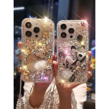 奢華水鉆花滿鉆手機殼適用蘋果14promax真機開模iPhone15promax全包防摔14plus孔位精準不頂膜ins手機繩女款