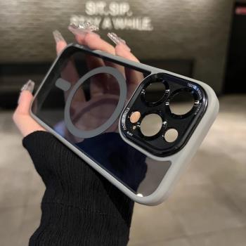 鈦灰色磁吸金屬鏡頭適用蘋果15promax殼新款14pro透明黑magsafe矽膠iphone15plus小眾高階感13pm保護套男