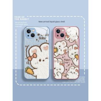 油畫兔子手機殼適用iphone14promax蘋果13pro新款矽膠玻璃12新年卡通11兔年創意mini情侶一對可愛14防摔女款i