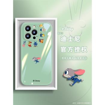 青色適用蘋果14pro手機殼新款玻璃iphone15promax女款高階感迪士尼全包防摔套15pro兔子朱迪14promax時尚潮牌