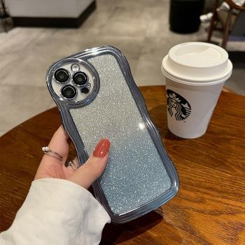 電鍍波浪邊適用蘋果14promax手機殼女新款高階感13帶鏡頭膜iphone12網紅11透明軟矽膠防摔個性XR奢華漸變閃粉
