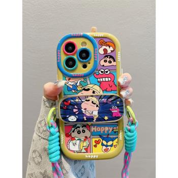 適用蘋果16promax手機殼13塗鴉卡通小新iphone14背夾斜挎12/16新款15掛繩11女款14pro高階感15promax手機套
