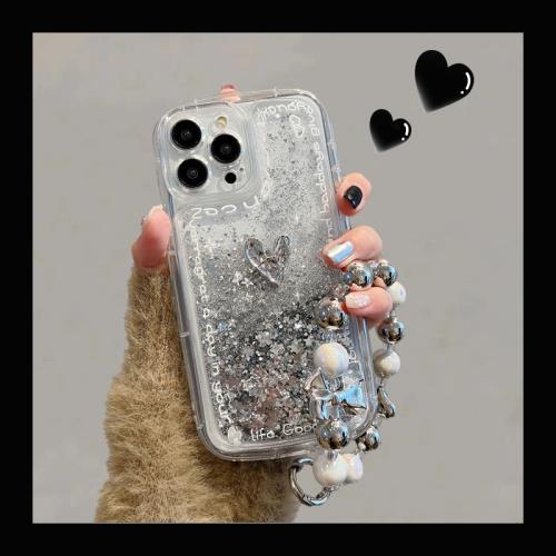 流沙銀色愛心閃粉適用蘋果14手機殼新款iphone13硅膠套14promax創意軟12女款11透明13pro高級感電鍍14pro鏈條