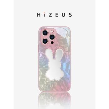 水波紋兔子蘋果16promax手機殼iphone15新款14pro鏡面13promax女款自帶化妝鏡12pro高階感11鋼化玻璃xs防摔套