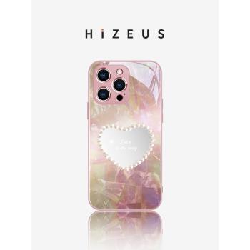 珍珠愛心蘋果16手機殼iphone13pro女款15promax帶化妝鏡13高階感14pro鏡面12玻璃鏡頭全包11創意xsmax保護套