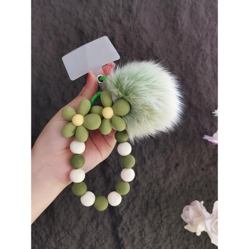 手機掛繩手工串珠手提鏈條毛茸茸毛球掛件短款掛鏈女款網紅同款手機殼防丟吊繩