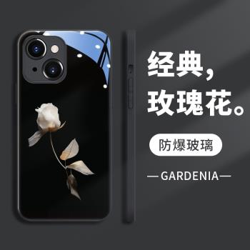 玫瑰花蘋果15的手機殼玻璃iphone16小清新13promax新品13女款11薄網紅xsmax女神14時尚xr奢華plus防摔se簡約