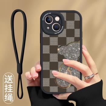閃粉熊適用蘋果15手機殼新款14創意iPhone13輕奢格子14pro高階情侶11promax全包12mini防摔plus矽膠套帶掛繩