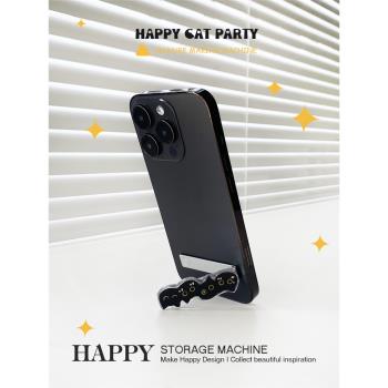 HAPPY原創可愛小黑貓迷你折疊支架隱形粘貼式創意蘋果安卓通用款
