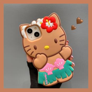 圖拉殼 立體黑皮膚草裙KT貓適用iphone15Pro Max蘋果14ProMax手機殼iPhone13Pro趣味12/11可愛卡通保護套軟