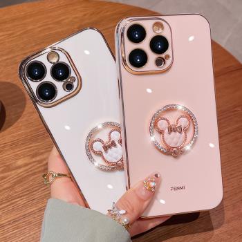 米奇水鉆指環支架蘋果14promax手機殼新款Phone14pro高階感小眾13PM可愛女款14plus鏡頭全包防摔12pro矽膠套