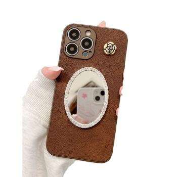 復古深棕色月坑紋iphone15/14promax鏡子手機殼皮質11/12蘋果13適用立體山茶花保護殼防摔皮紋金屬玫瑰花軟殼