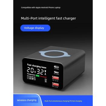 萬隆欣多口usb充電器快充PD65W數顯電流螢幕無線充適用於安卓蘋果iPhone手機通用ipad平板筆記本桌面充電插座