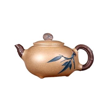 宜興紫砂壺純手工茶壺茶具家用泡茶中式國工原礦青段趣竹壺390cc