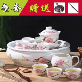 潮汕功夫茶具套裝陶瓷青花整套中式簡約茶杯鼓形雙層茶盤家用送禮