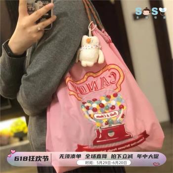 高圓圓同款日系Ball Chain大容量帆布袋送肩帶刺繡單肩布包購物袋