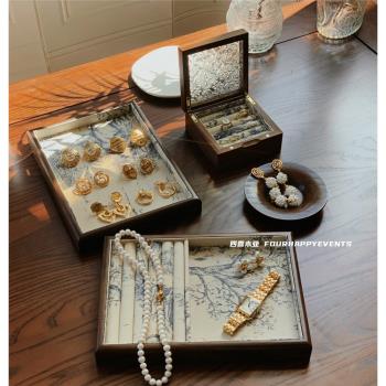 四喜木質託盤珠寶戒指項鏈陳列展示架首飾盒復古展示盤戒子