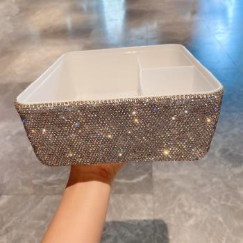 桌面化妝品收納盒口紅護膚品遙控器雜物整理盒輕奢鑲鉆客廳置物架