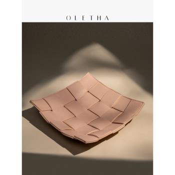 OLETHA輕奢皮革編織首飾盤桌面置物架玄關鑰匙遙控器收納託盤擺件