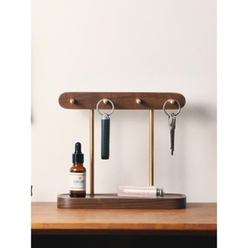 黑胡桃木玄關鑰匙架 家用雜物收納盒進門整理創意擺件黃銅置物架